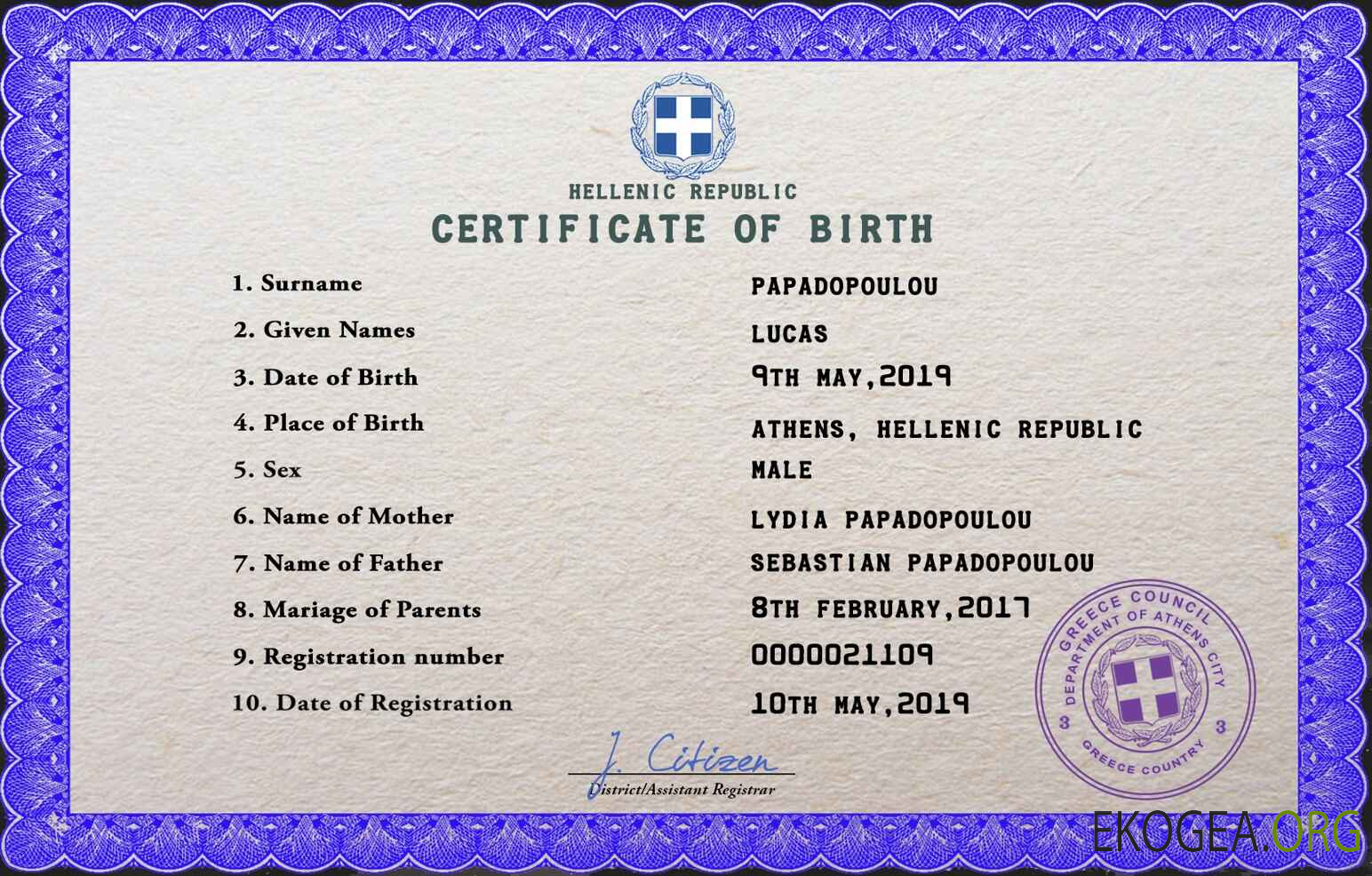 Modèle PSD de certificat de naissance en Grèce